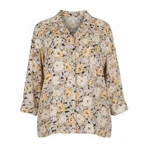 Covington Fall Neutral Yellow Retro Floral Button Front Oversized Blouse Top XL